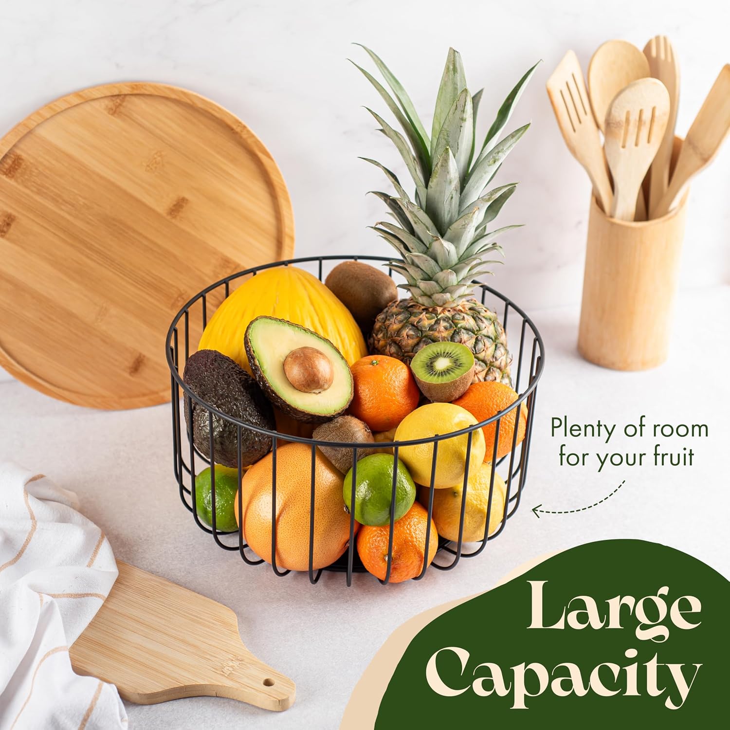 Fruit Basket for Kitchen Counter Set of 3 - Large Stackable Baskets with Bamboo Lid - Perfect