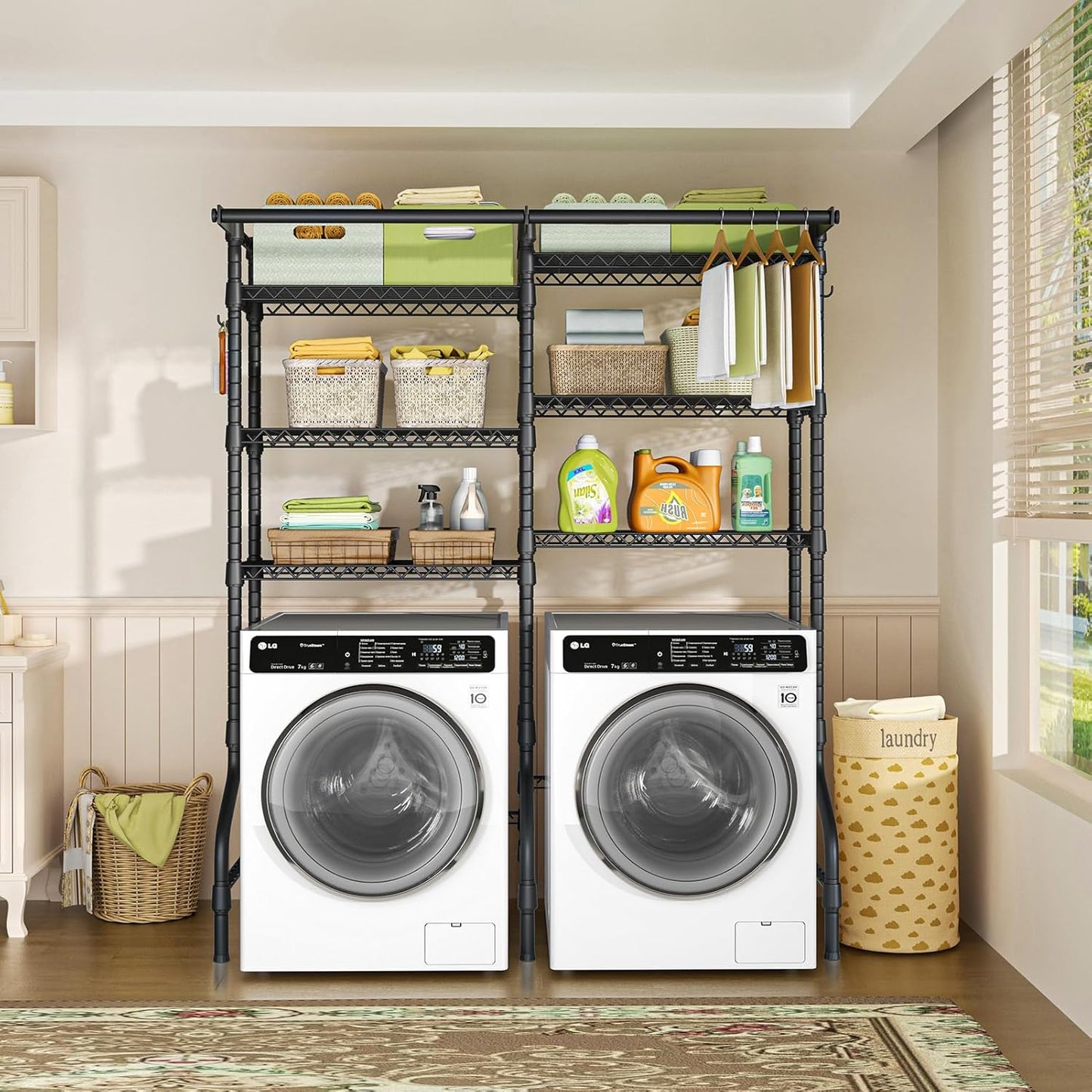 Ulif U13 Over Washer and Dryer Storage Shelves, 6 Tiers Laundry Room Standing Shelf with 2 Hanger