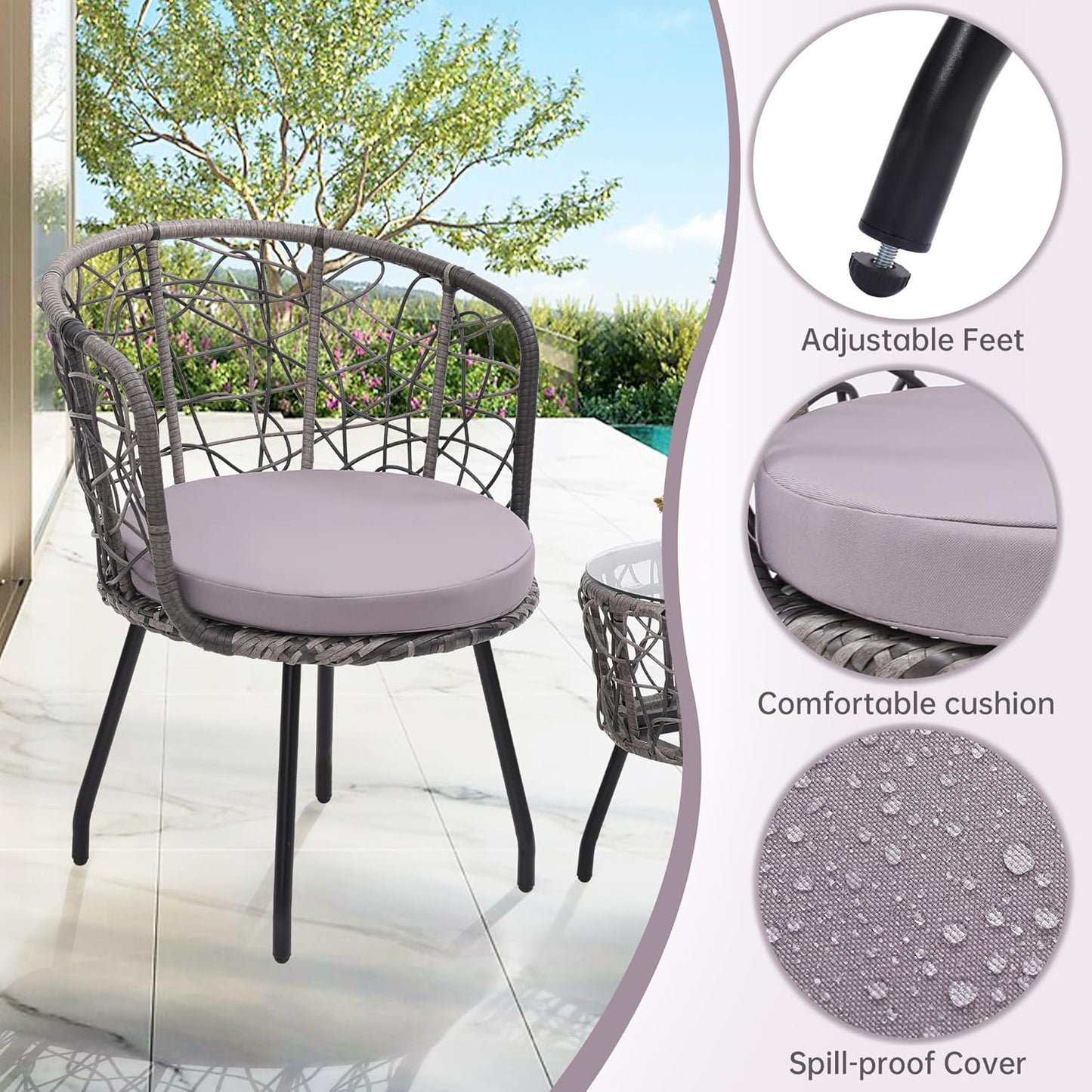 Kromax 3 Piece Bistro Set, Modern Outdoor Wicker Patio Furniture with Tempered Glass Table Top and