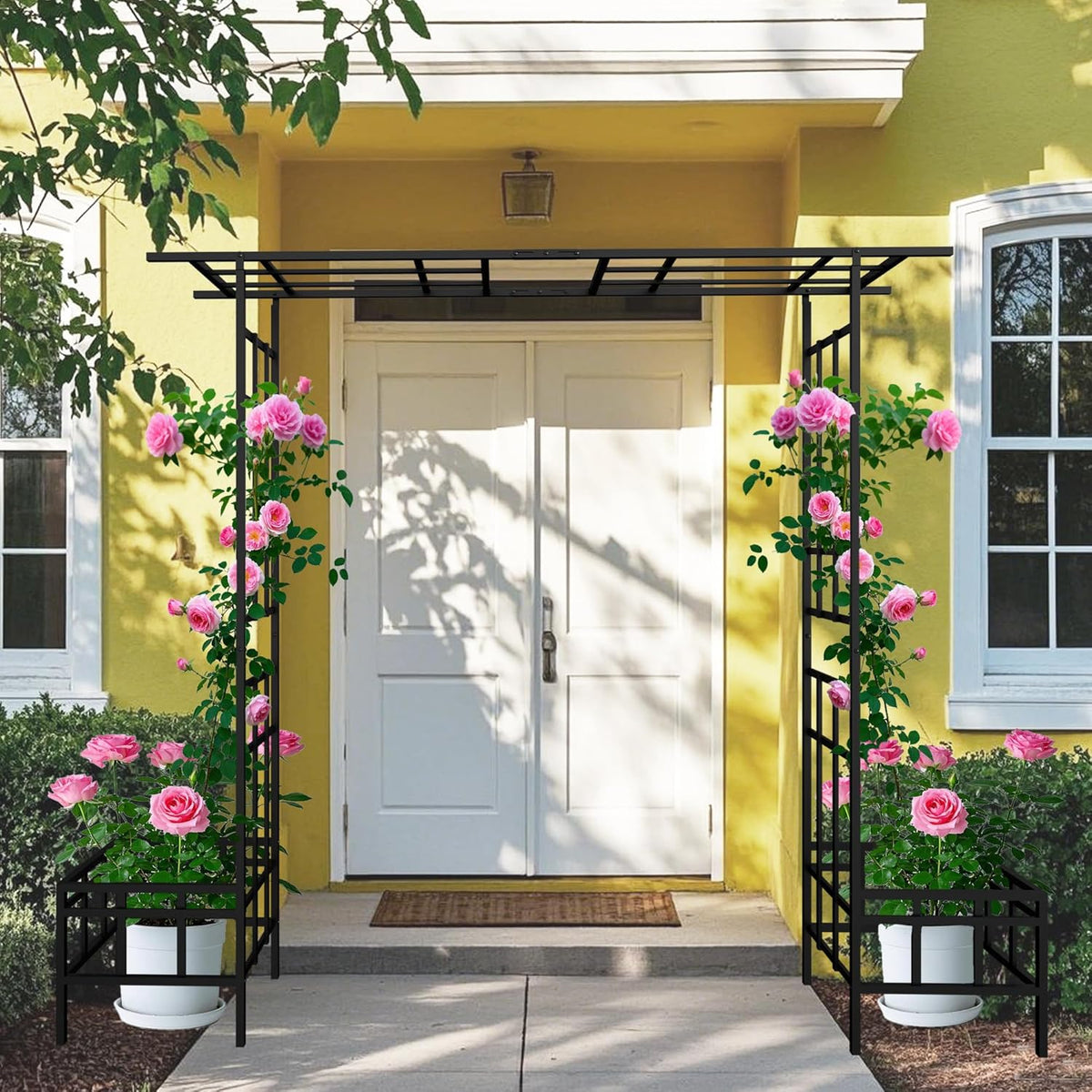 Metal Garden Arch with Plant Box Adjustable Width W68.11'' ~W94.29'' Garden Trellis Climbing Plants