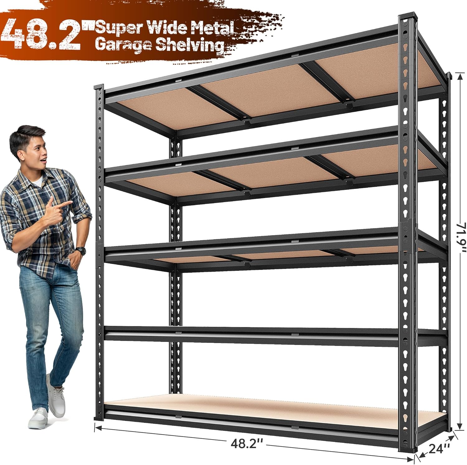 REIBII 48.2" W Garage Shelving, Storage Shelves Load 3000LBS, Adjustable Garage Shelving Heavy Duty