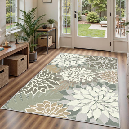 Area Rug 3x5 Brown White Washable Entry Rug Multicolored Tropical Botanical Modern Floral Indoor