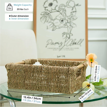 Natural Seagrass Storage Basket with Handle, Rectangular Woven Organizer Bin for Living Room or