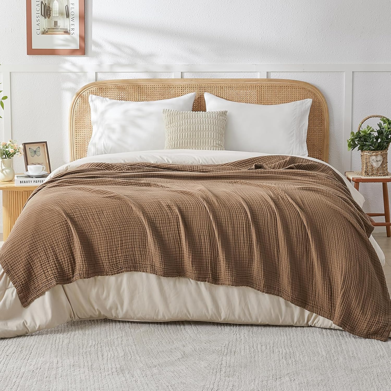 EMME Cotton Muslin Queen Blanket Bed Layering Breathable Gauze Blanket Soft Lightweight Blankets