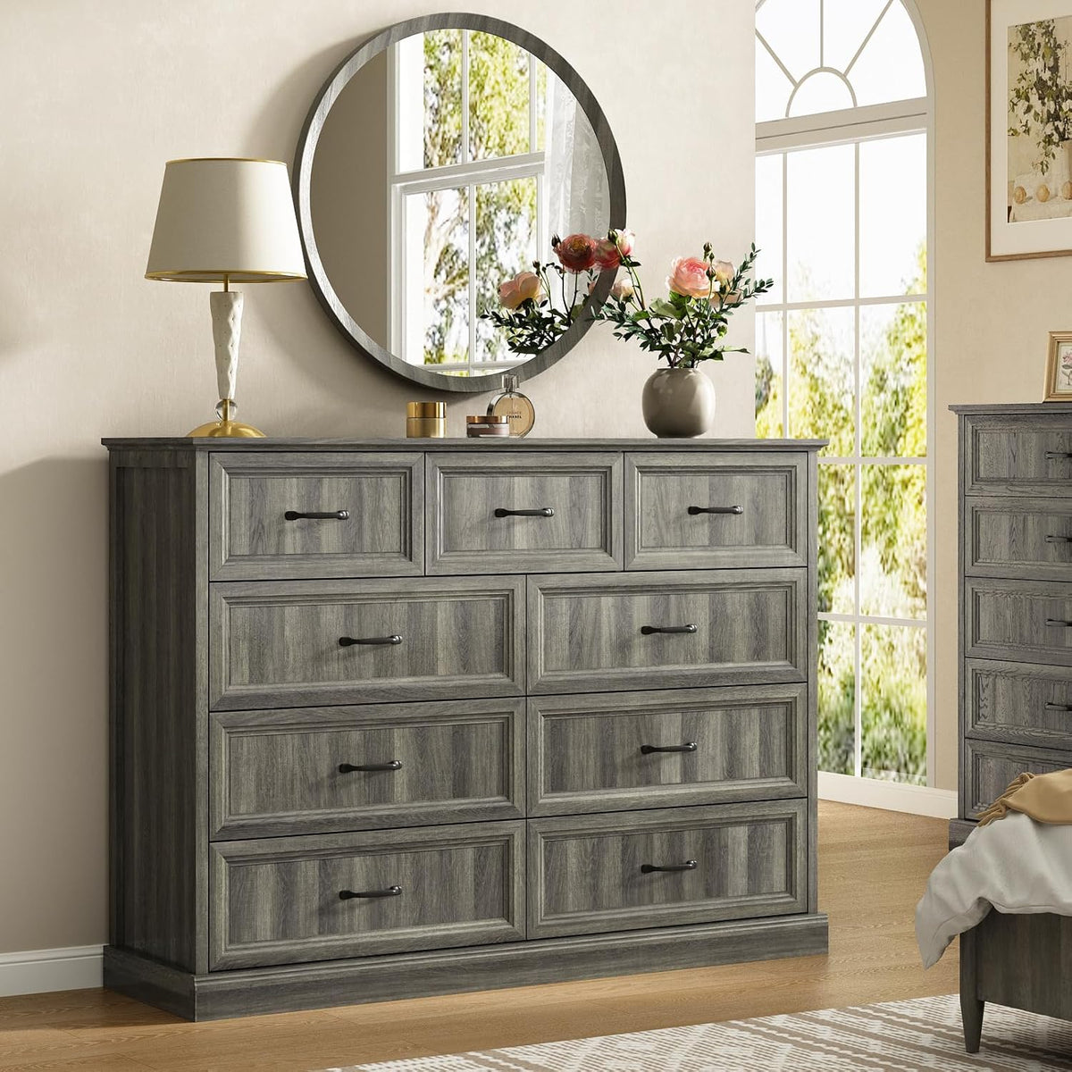CARPETNAL Farmhouse 9 Drawer Dresser for Bedroom, 55 Inch Wide Modern Grey Dresser TV Stand with