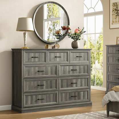 CARPETNAL Farmhouse 9 Drawer Dresser for Bedroom, 55 Inch Wide Modern Grey Dresser TV Stand with