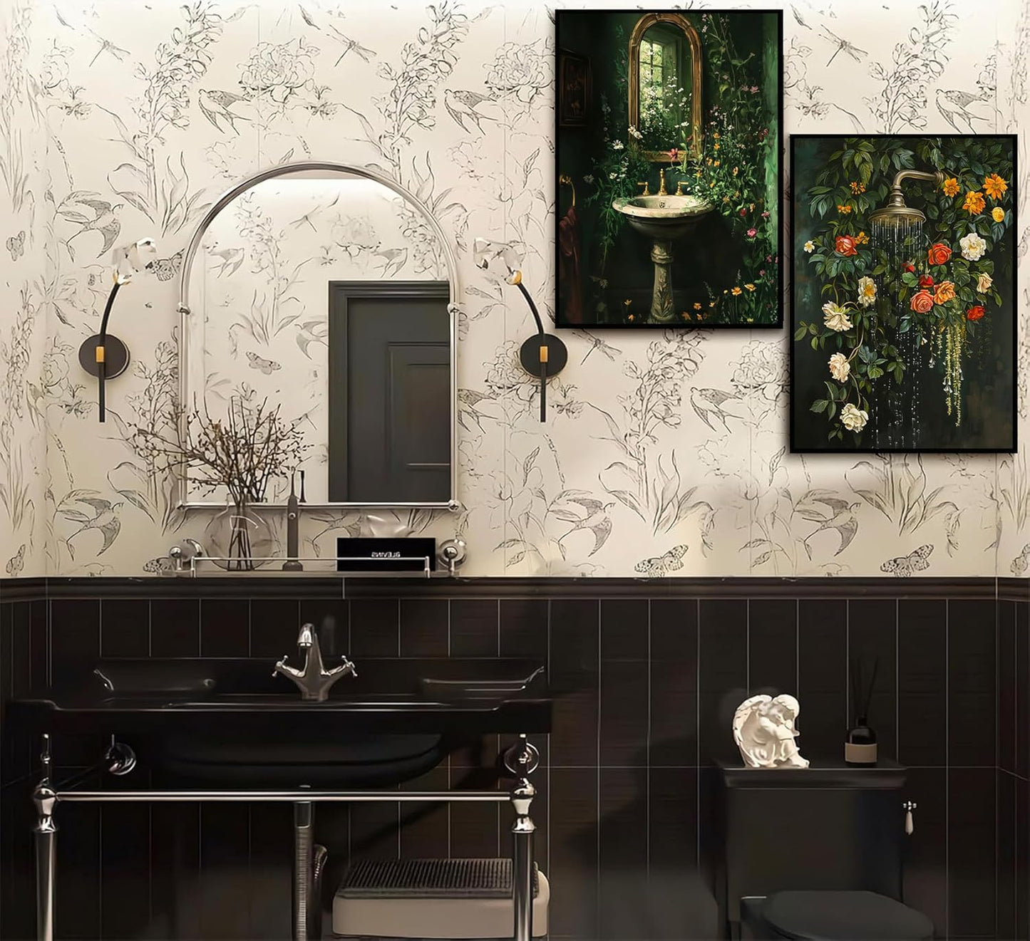 3Pcs Vintage Dark Green Bathroom Wall Art Shower Toilet Paper Roll Floral Poster Print Modern