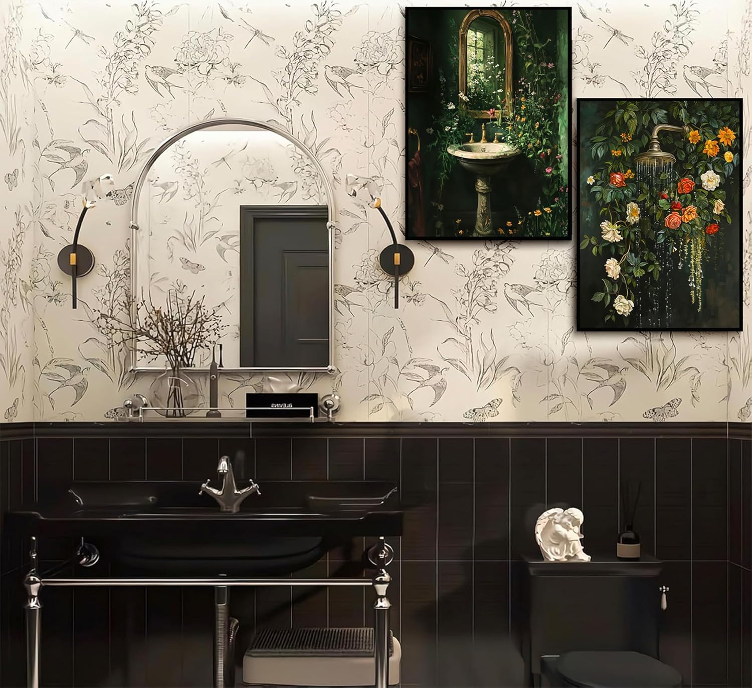 3Pcs Vintage Dark Green Bathroom Wall Art Shower Toilet Paper Roll Floral Poster Print Modern