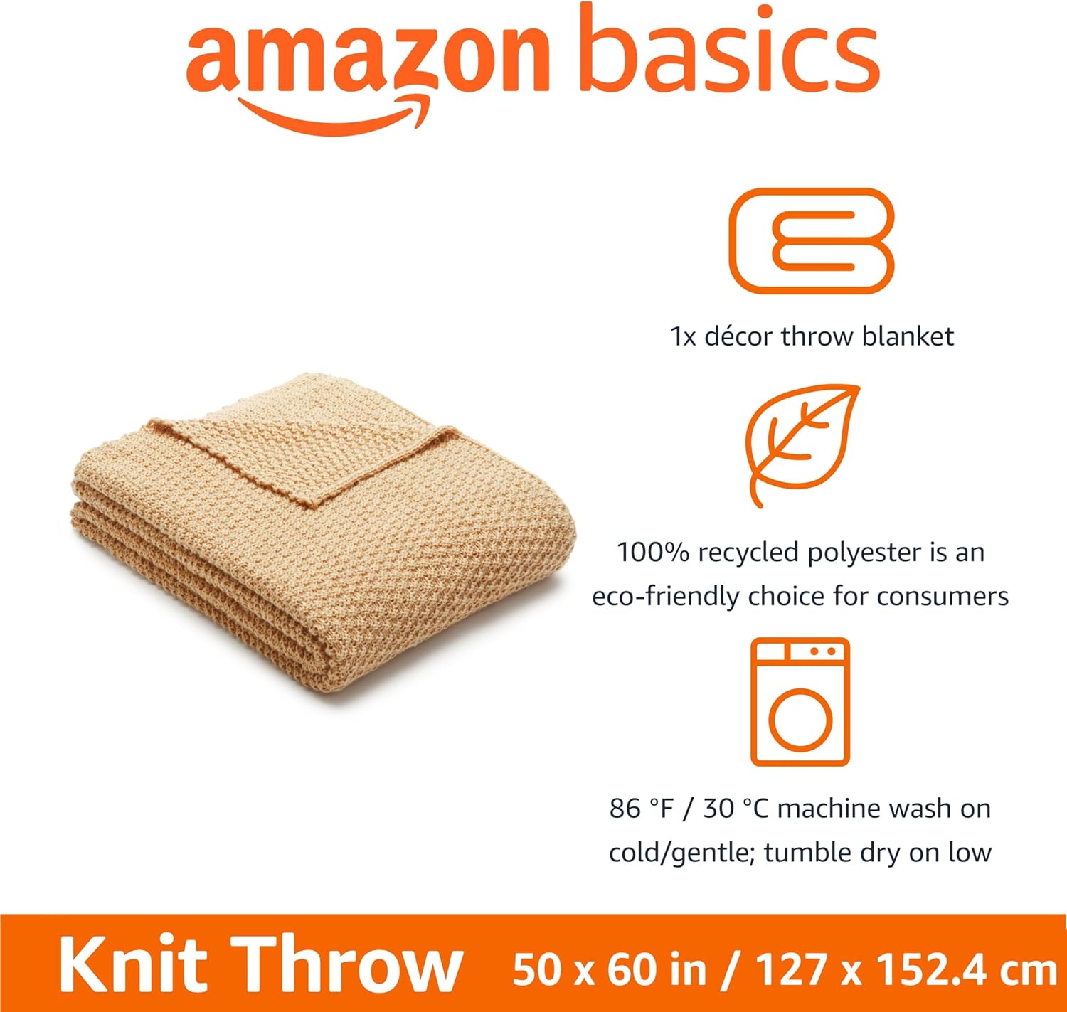 Amazon Basics Chunky Cable Knit Throw Blanket for Couch, Sofa, Bed, Lightweight Soft Cozy, Sand