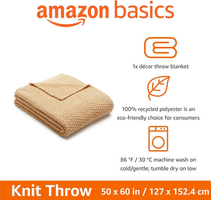 Amazon Basics Chunky Cable Knit Throw Blanket for Couch, Sofa, Bed, Lightweight Soft Cozy, Sand