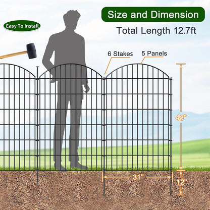Metal Garden Fence 48in (H) x 12.7ft (L), 5 Panels + 6 Stakes Dog Fence Border Fence Animal