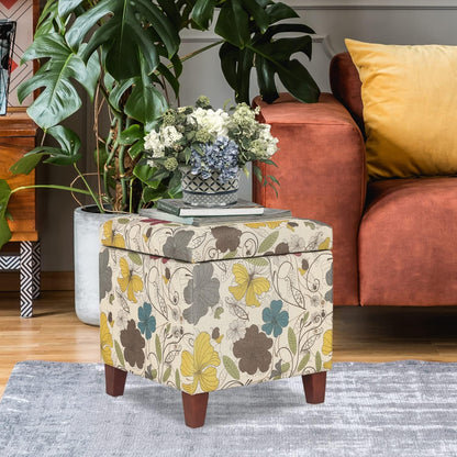 Adeco 18 Inch High Cube Ottoman Storage, Floral Printed Linen Chair Foot Stools, Upholstered Vanity