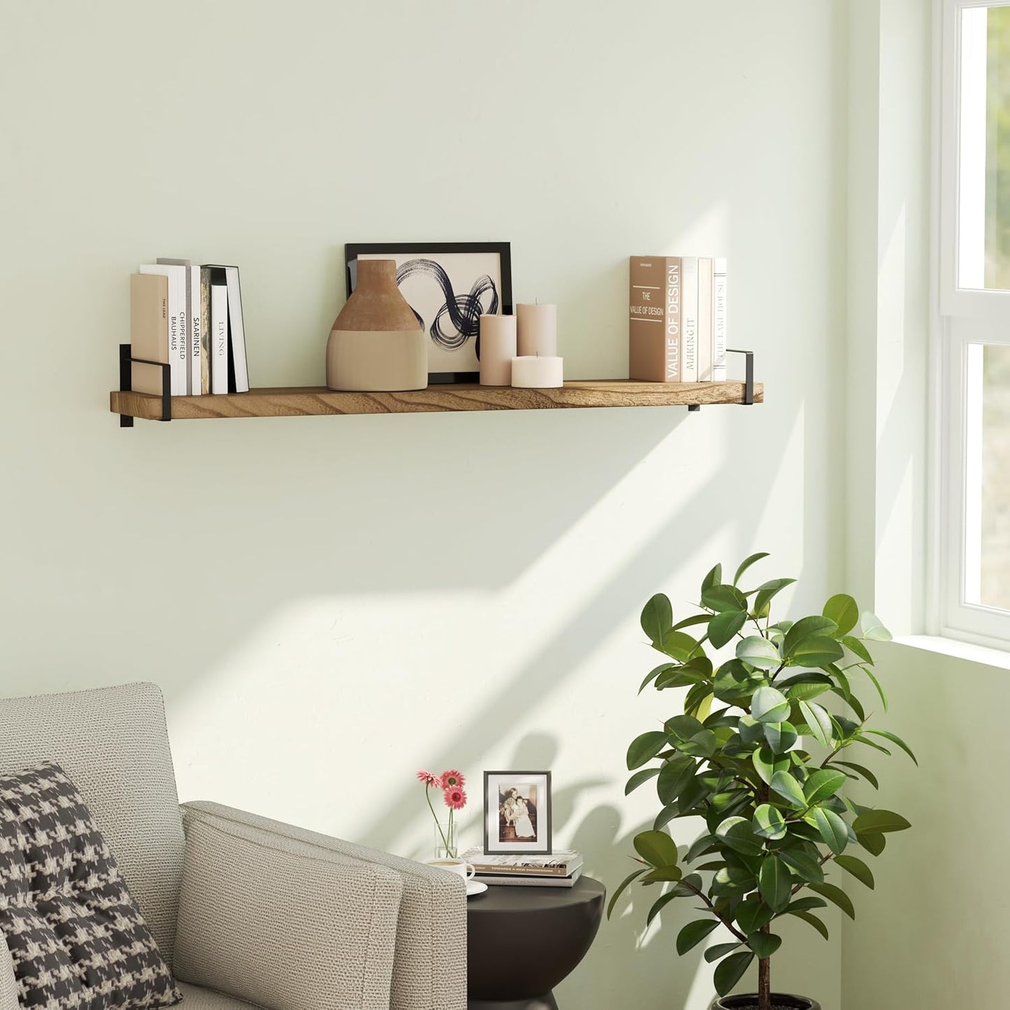 Wallniture Toledo 48 inch Floating Shelf with Heavy Duty Bookend Brackets, Wooden Shelves for Wall