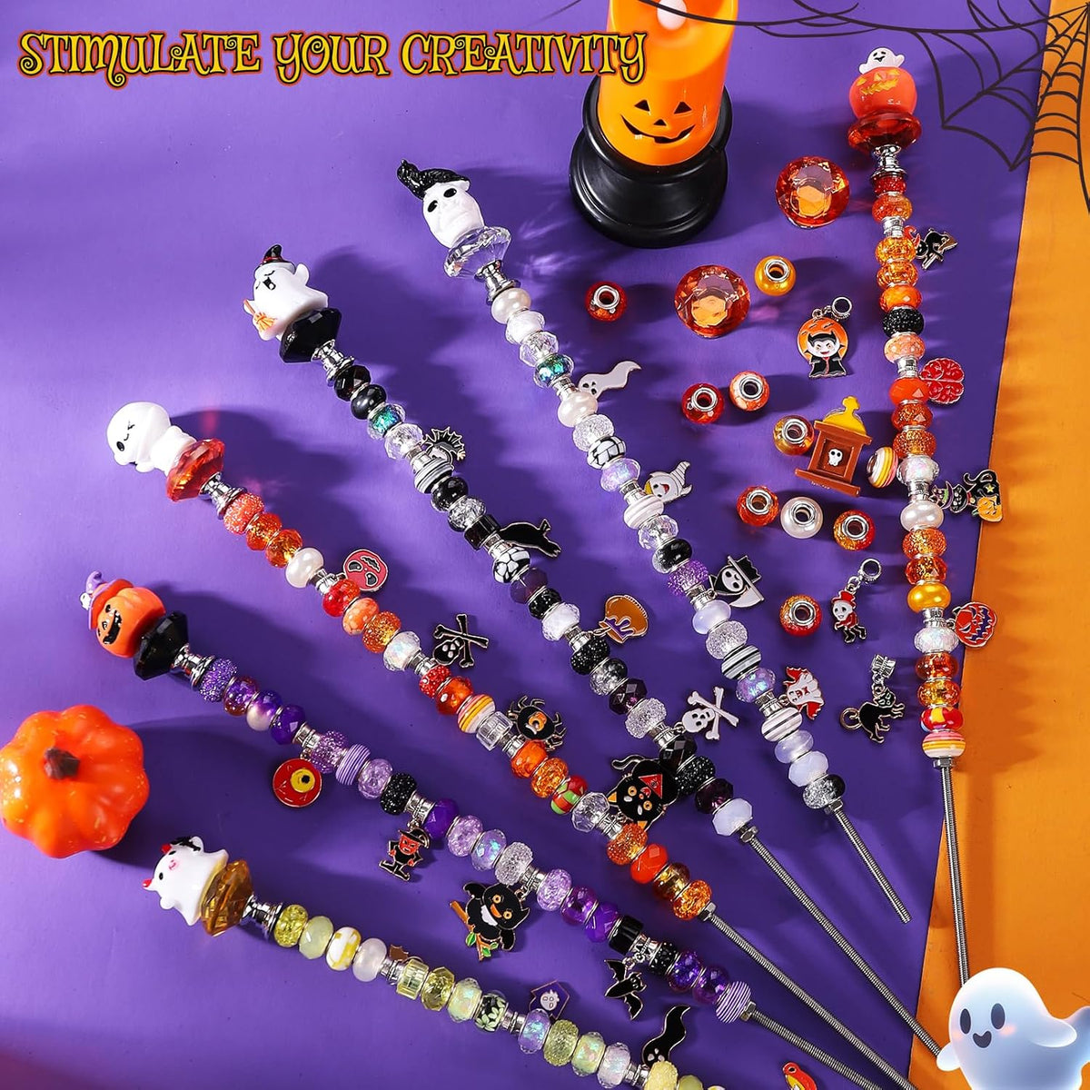 358PCS Halloween Beaded Garden Stakes, DIY Halloween Fairy Wand Garden Stake Decorative Kit with 12
