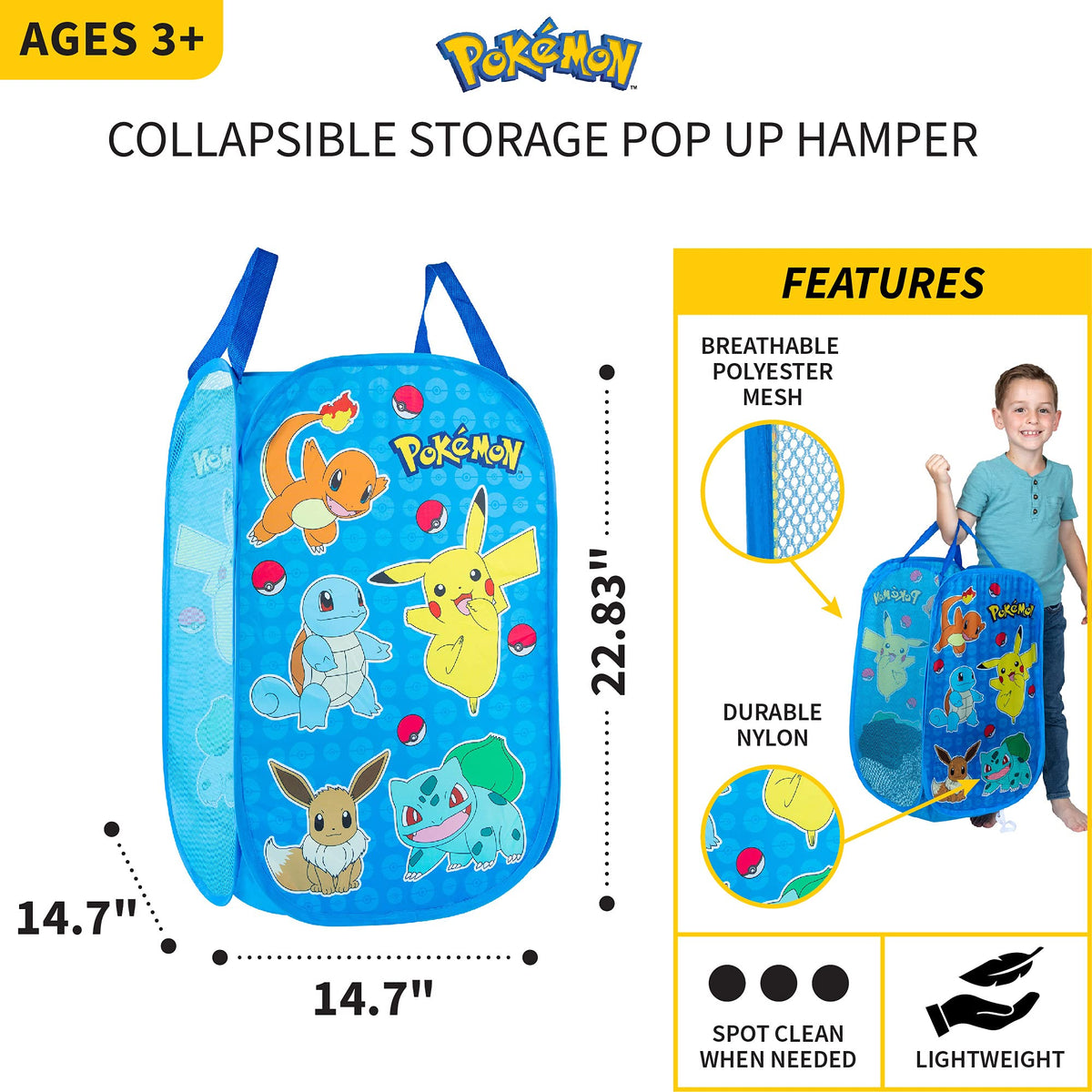 POKEMON Kids Room Collapsible Storage Bin Pop Up Hamper, One Size, (Officially Licensed Product) by