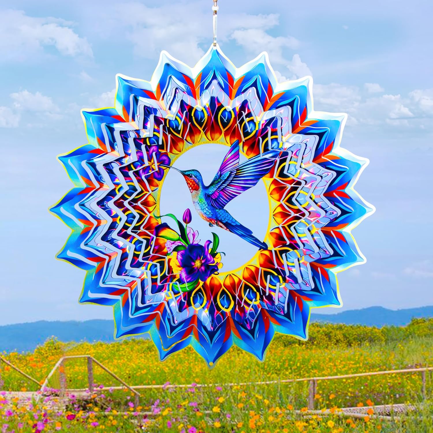 Hummingbird Wind Spinner,Hanging Wind Spinners Outdoor for Garden Decoration，15.7 inch 3D Stainless
