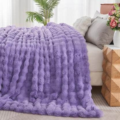 Lotus Karen Faux Fur Throw Blanket Purple - Big Bubble Rabbit Fluff Blanket for Couch Bed
