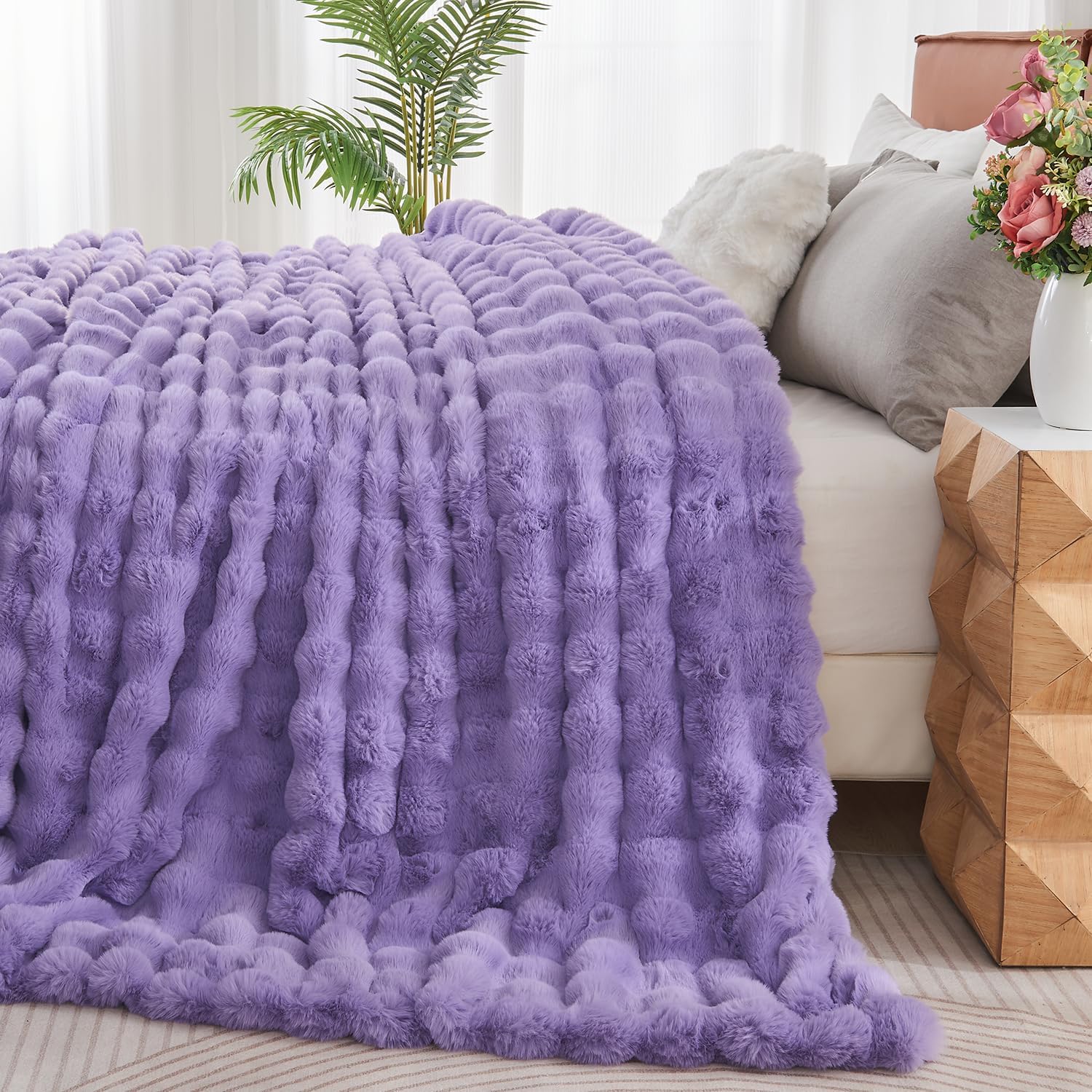 Lotus Karen Faux Fur Throw Blanket Purple - Big Bubble Rabbit Fluff King Blankets for The