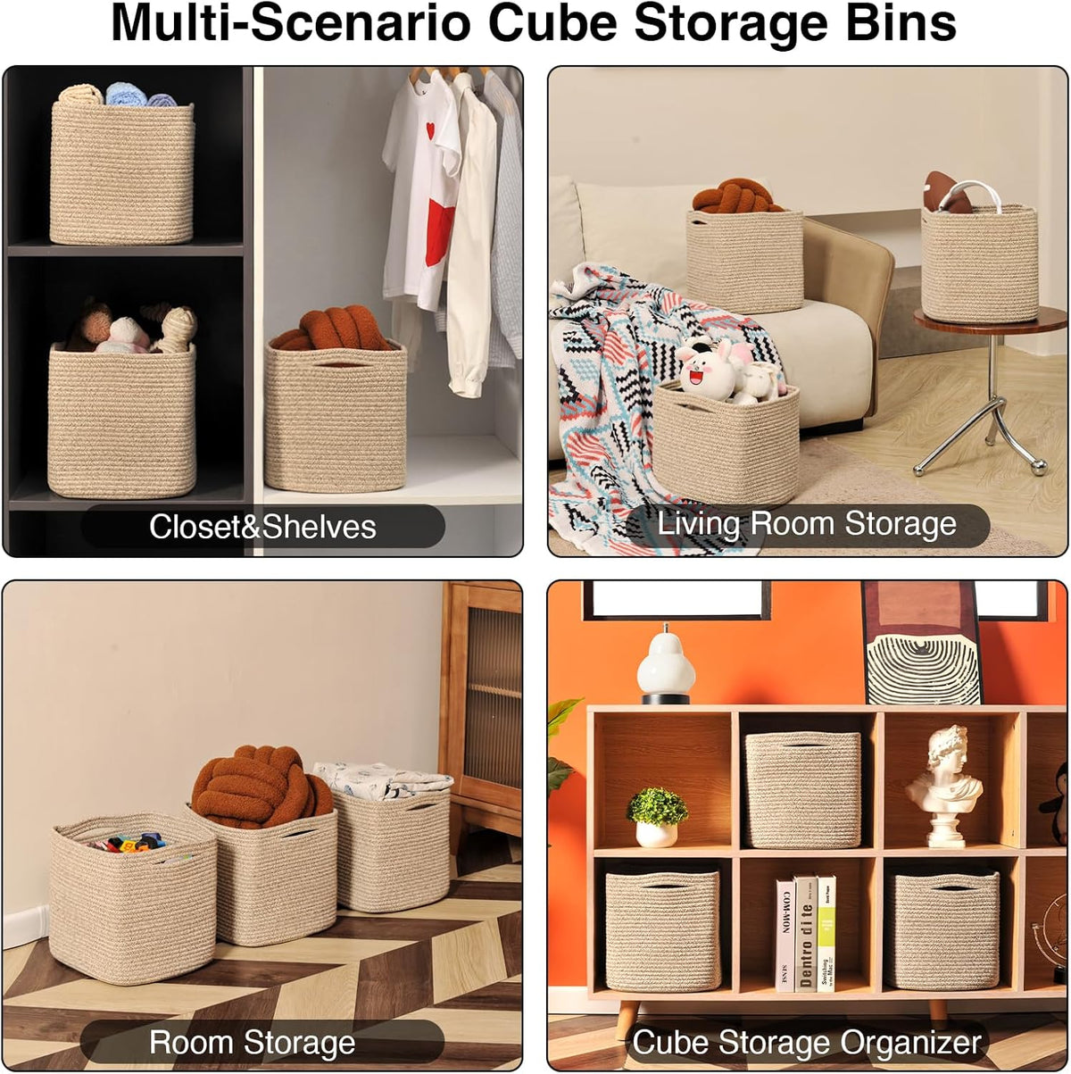 11 Inch Cube Storage Bins, Storage Cube Organizer Bins, Woven Cotton Rope Baskets for Storage