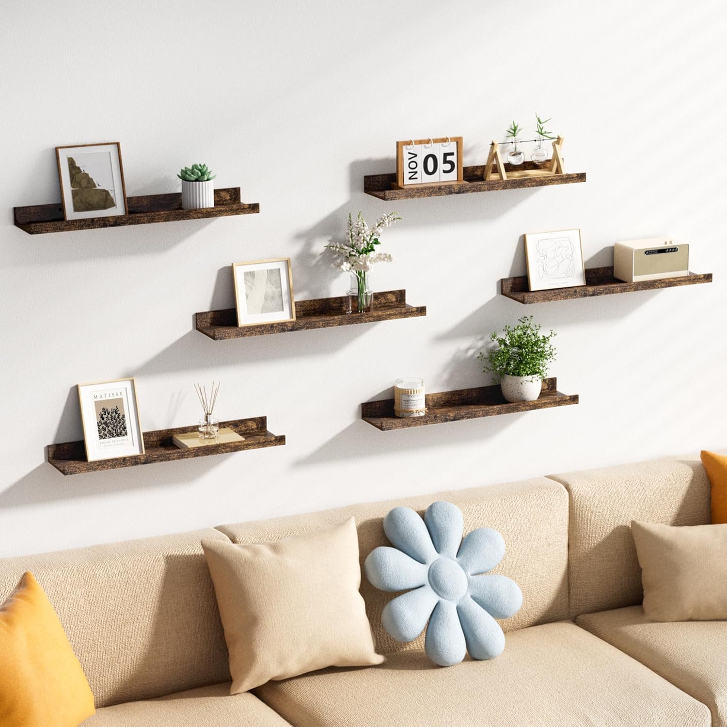 upsimples Floating Shelves for Wall, Wall Shelves for Decor Storage Set of 6, Wall Mounted Wood
