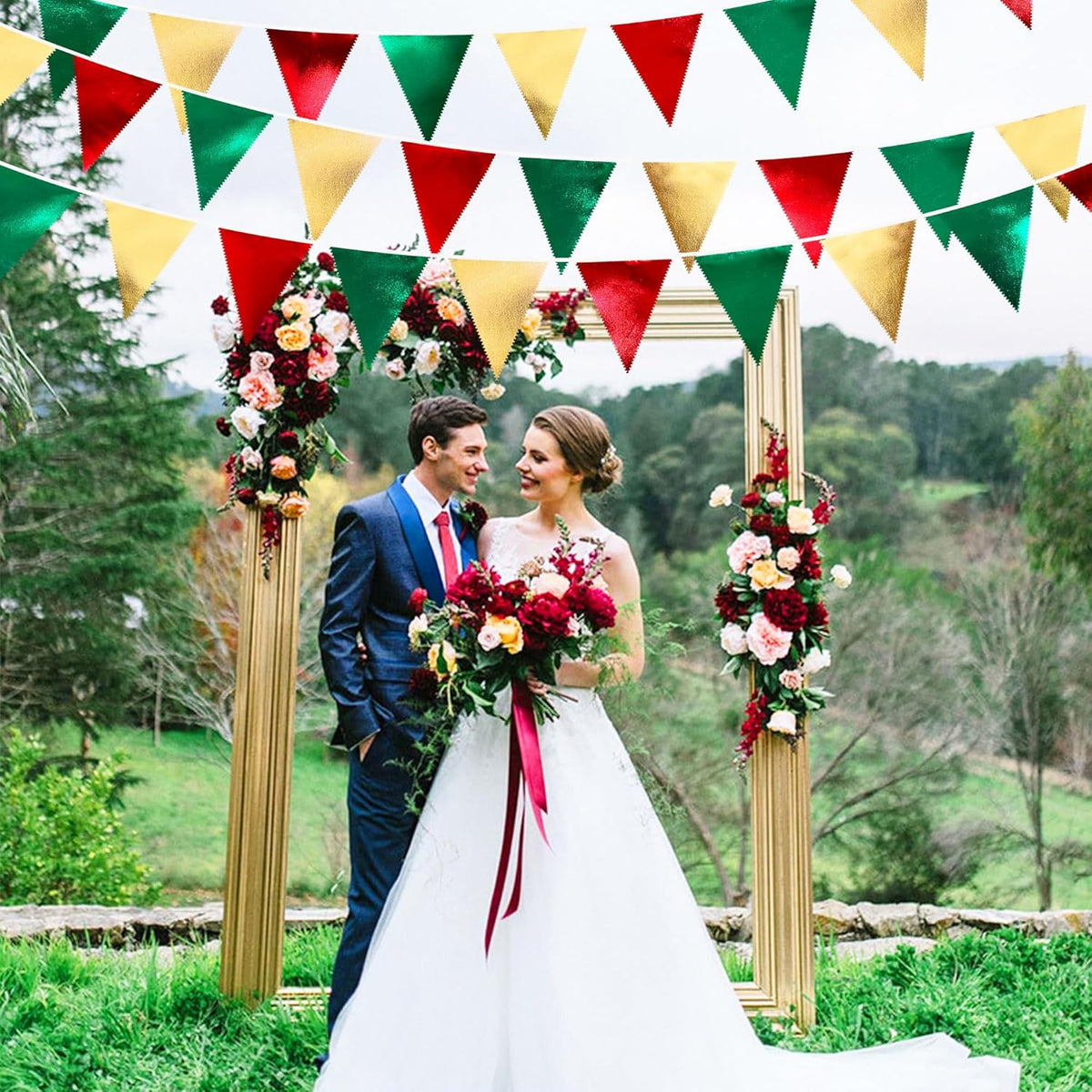 Christmas Party Decorations Triangle Pennant Banner Flag Red Green Gold Metallic Fabric Bunting