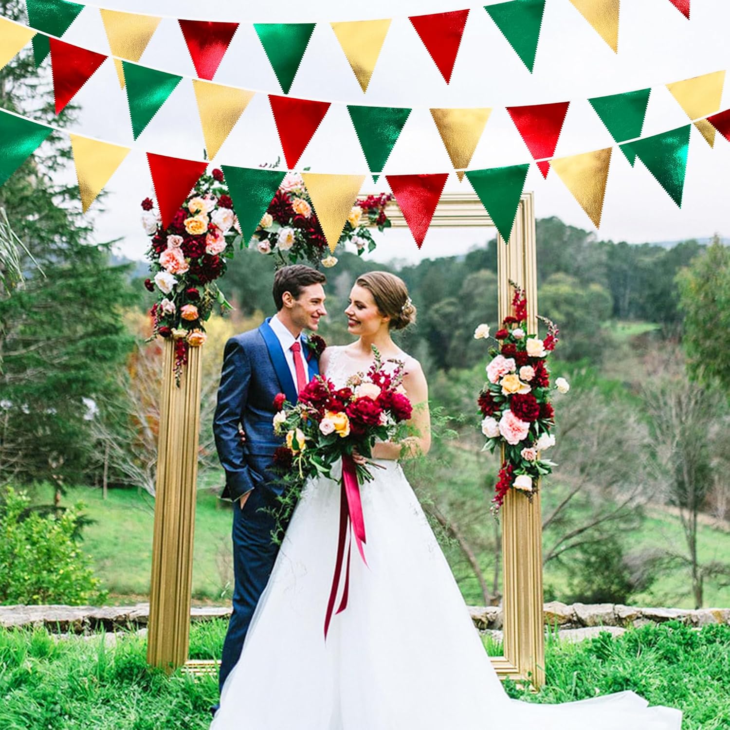 Christmas Party Decorations Triangle Pennant Banner Flag Red Green Gold Metallic Fabric Bunting