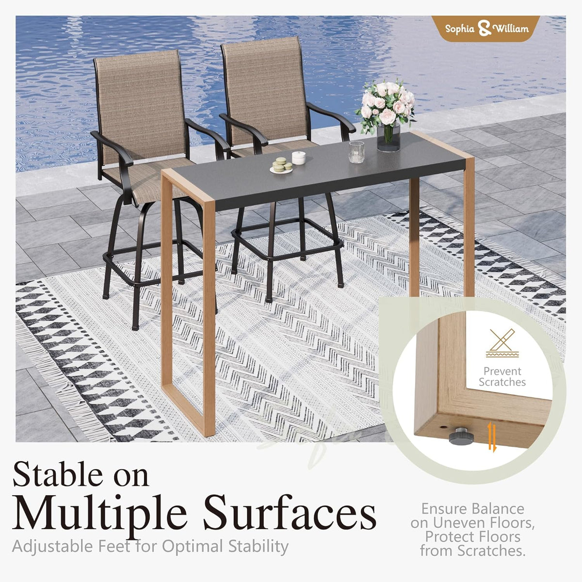 Sophia & William Outdoor Bar Set, Patio Bar Table and Chairs Set, Bar Height Patio Set - 2 x Swivel