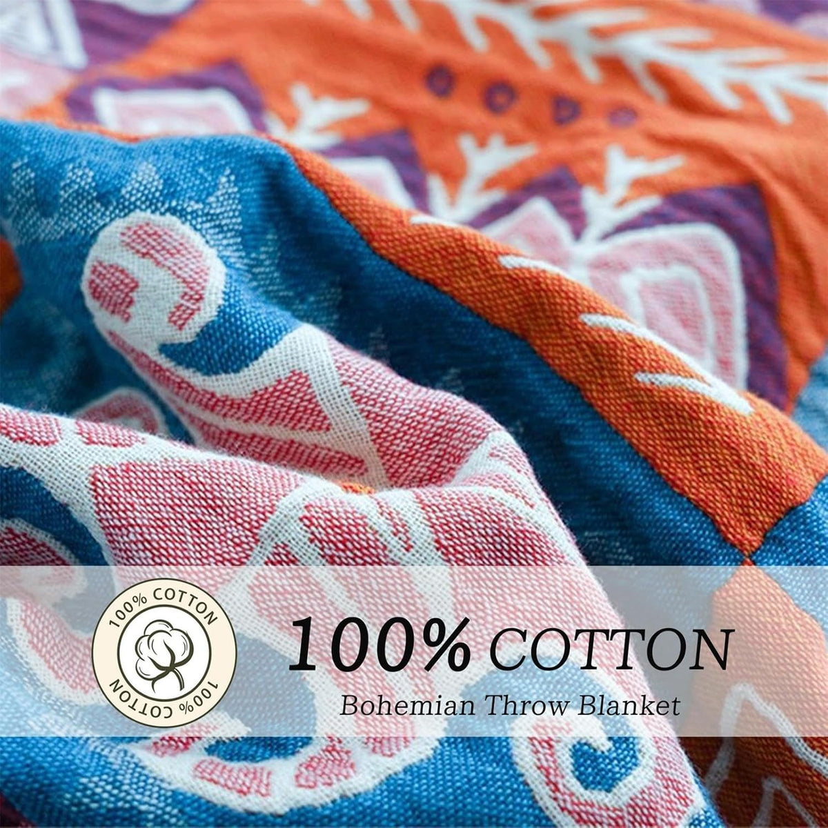 Cotton Throw Boho Blanket for Couch Bed,Cotton Quilted Boho 80''x90'' Muslin Blankets Travel