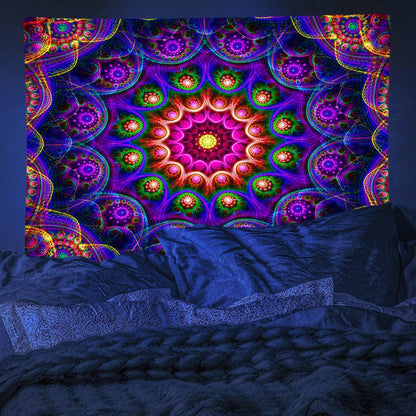 Blacklight Trippy Mandala Tapestry, Boho Black Light Posters for Adults UV Reactive Room Decor for