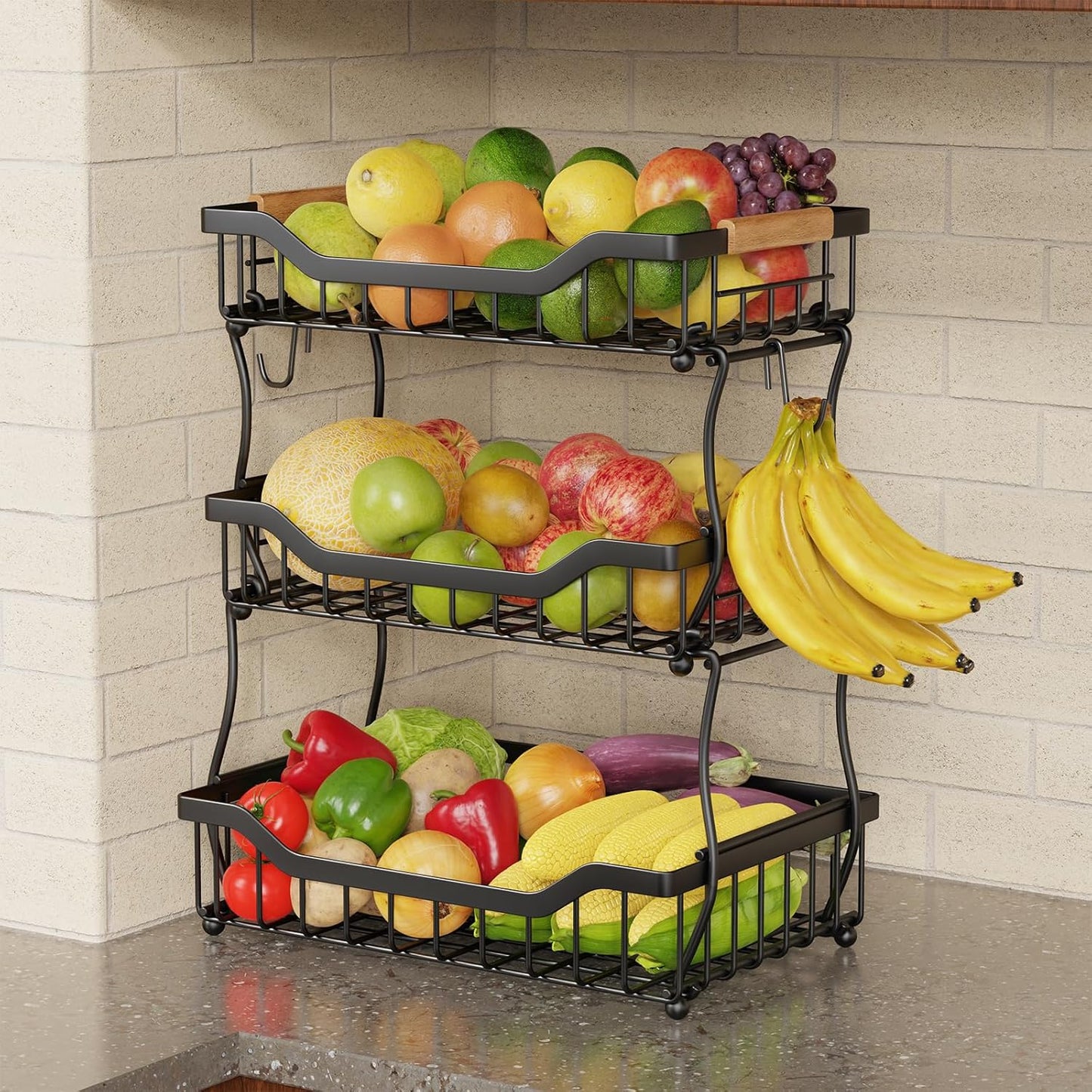 Giwil 3 Tier Countertop Fruit Basket for Kitchen, Vegetable Storage Bread Fruit Bowl Stand with 2