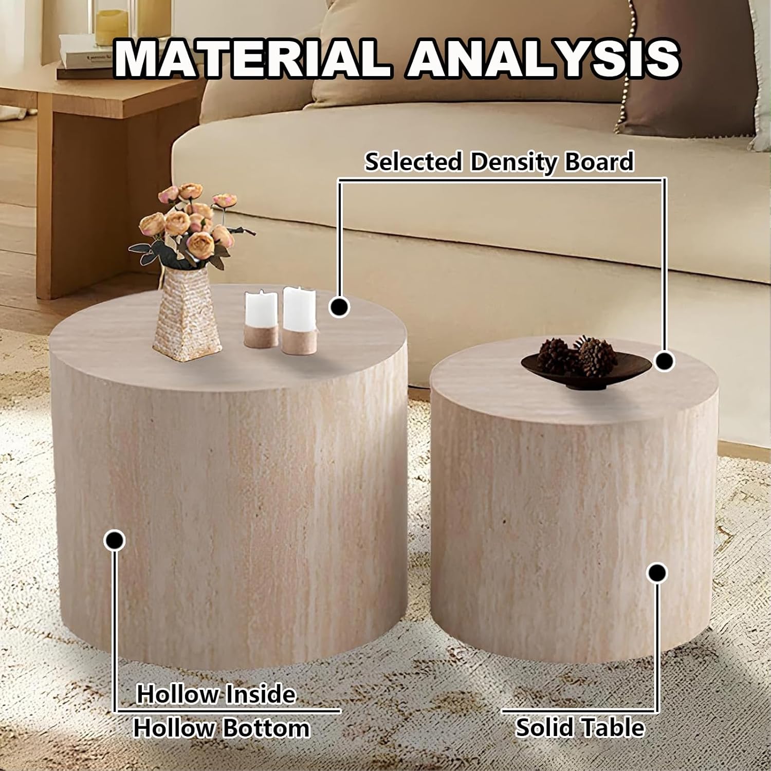 Nesting Coffee Table Set of 2 Modern Small Round Coffee Table and End Table Sets Wooden Drum Side