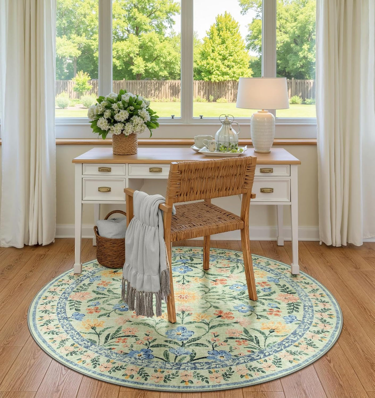 Wonnitar Washable Round Area Rug, 5ft Green Floral Round Rug Boho Soft Circle Carpet, Non Slip Low