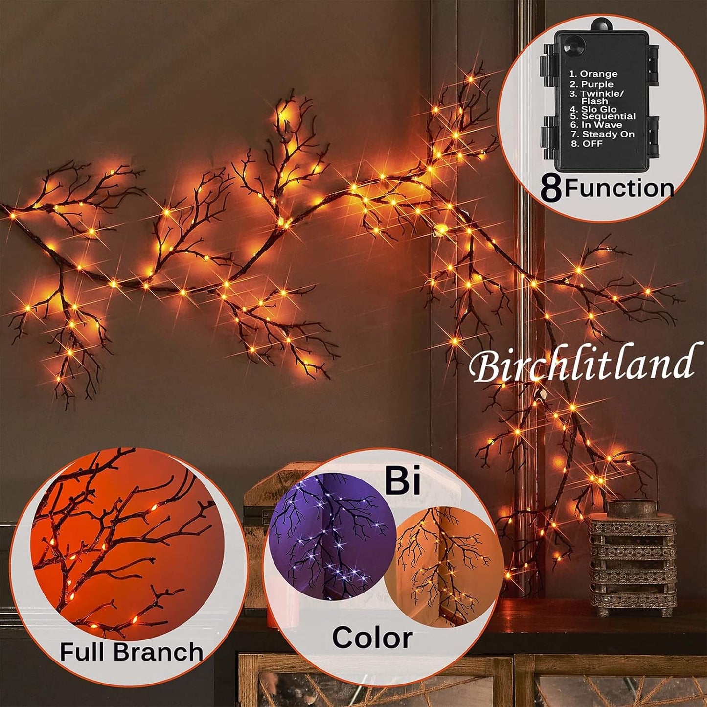Birchlitland Halloween Lighted Garland 6FT 120L Orange and Purple Bi-Color LED Lights 8 Functions