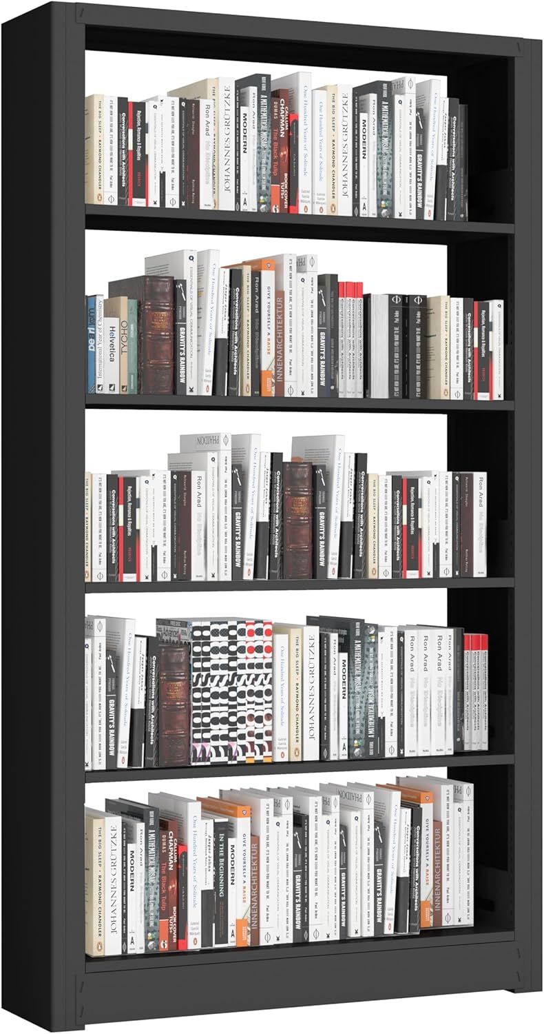 Large Metal Bookcase, 69” Modular Bookshelf with Storage, 5 Tier Bookcase with Adjustable Shelves