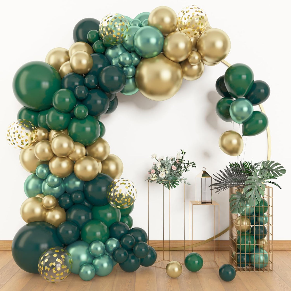 Amandir 153pcs Green and Gold Balloon Garland Arch Kit, Different Sizes 18 12 10 5 inch Green Latex