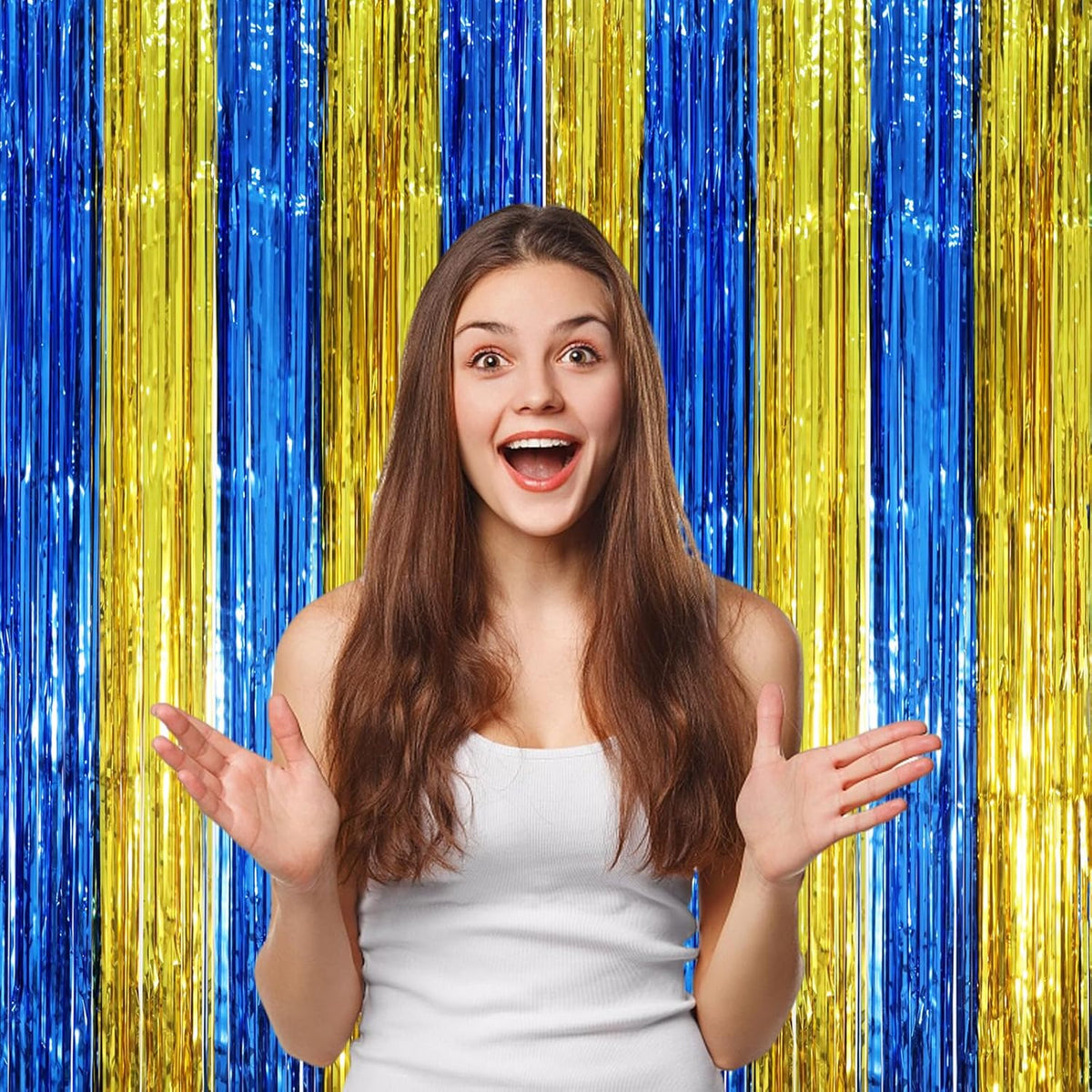 3 Pack 3.3 x 8.2 ft Blue Gold Foil Fringe Backdrop Curtains, Tinsel Streamers Party Decorations