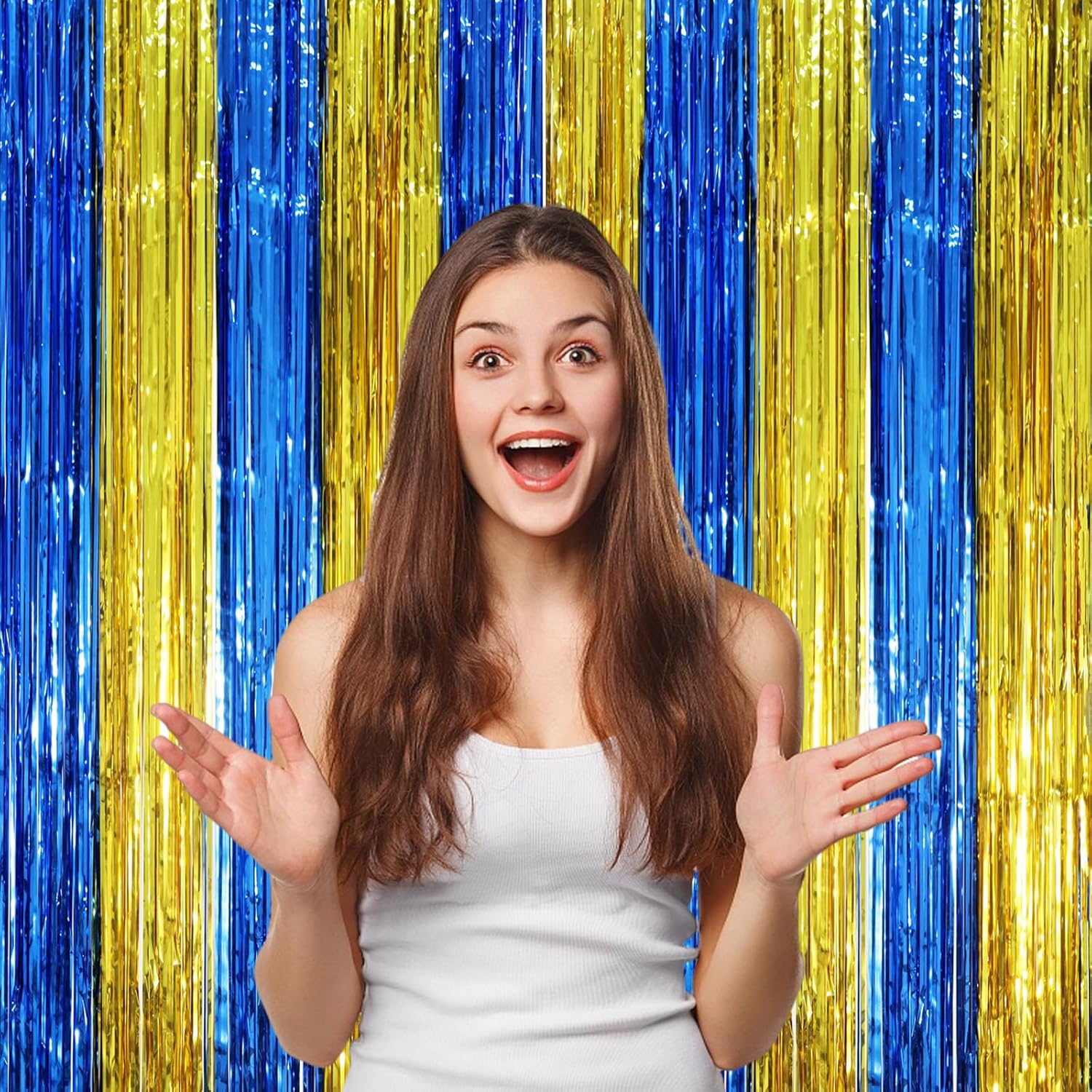 3 Pack 3.3 x 8.2 ft Blue Gold Foil Fringe Backdrop Curtains, Tinsel Streamers Party Decorations
