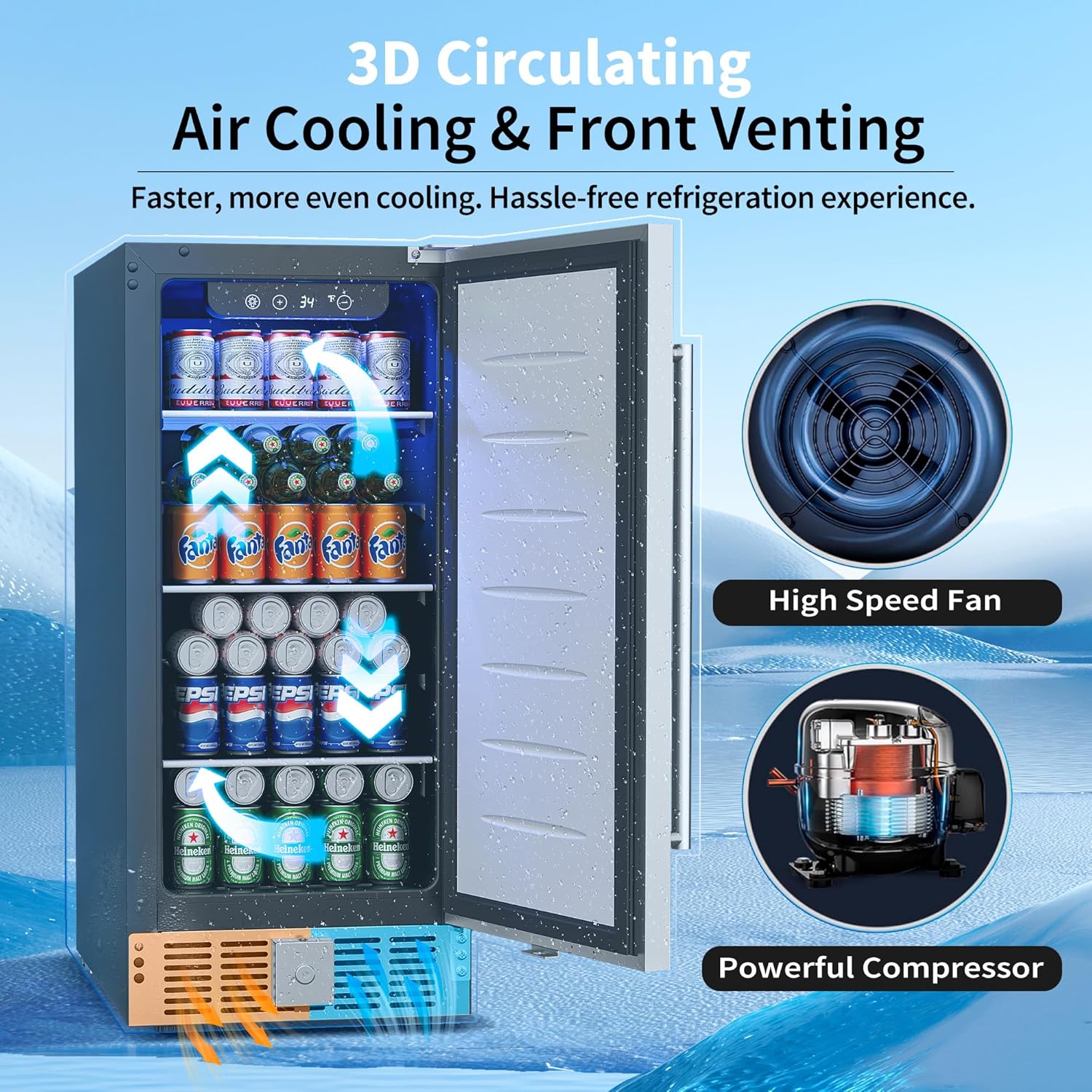 15 Inch Undercounter Beverage Refrigerator - 126 Cans Beverage Fridge with Stainless Steel Door for