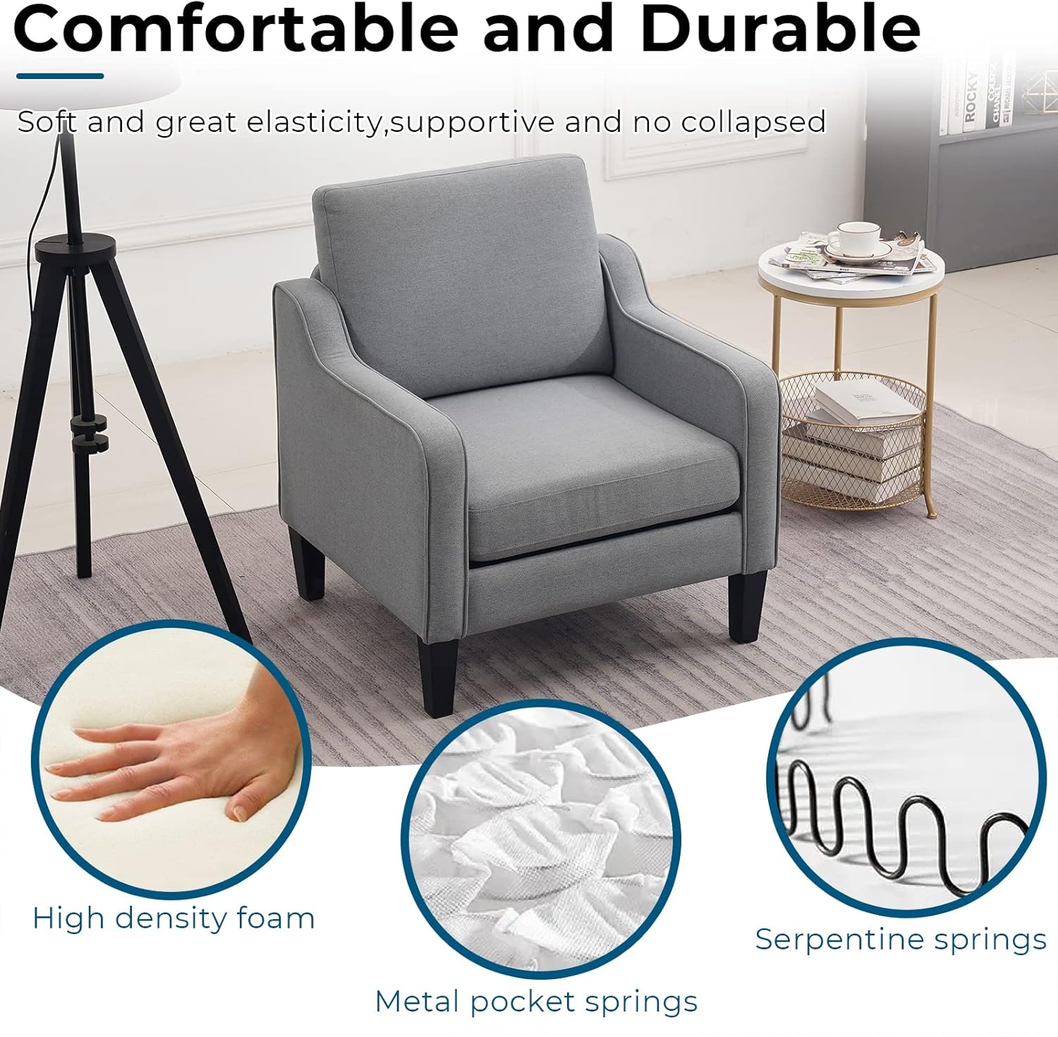 VINGLI Modern Accent Chairs Set of 2, Grey Living Room Chairs Comfy Armchair for Bedroom