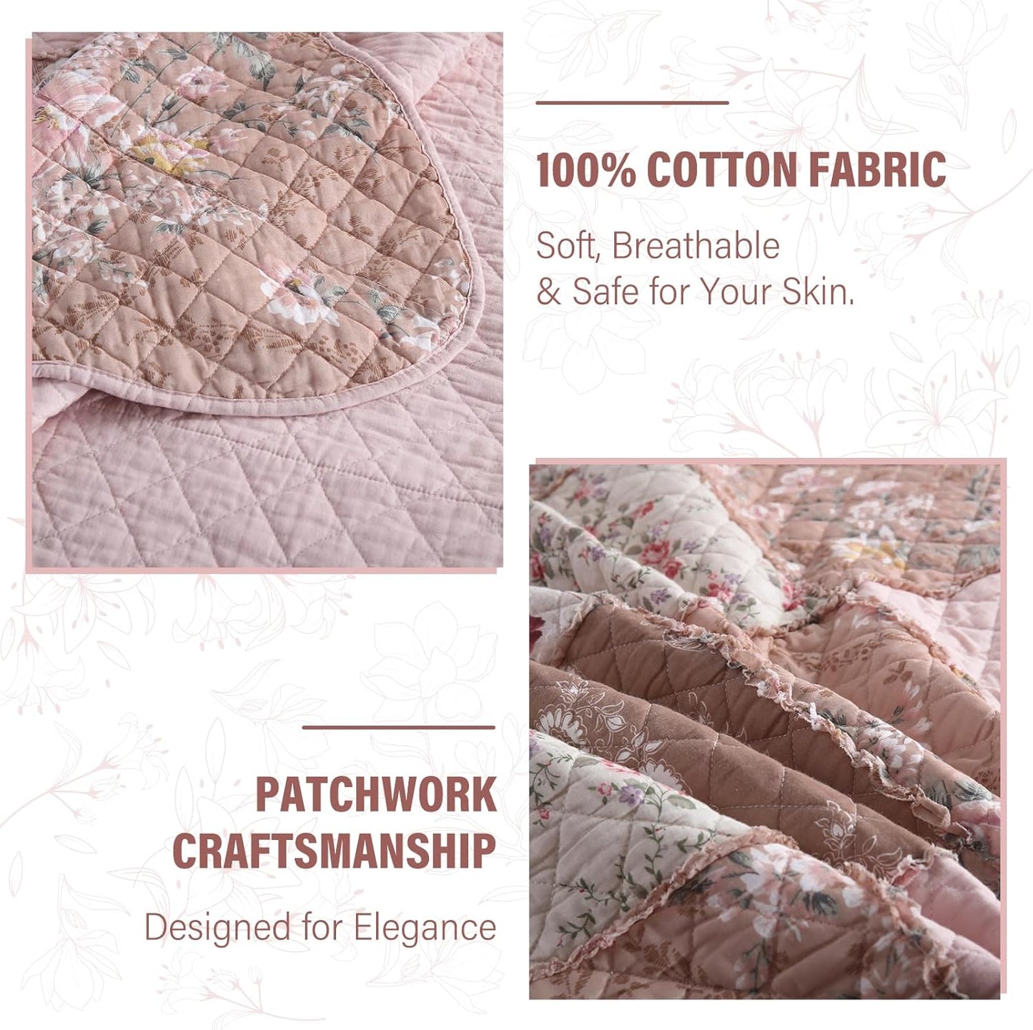 NEWLAKE Quilt Set Queen Size, Cotton Patchwork Pink Floral Quilt Sets, Real Stitched Embroidery