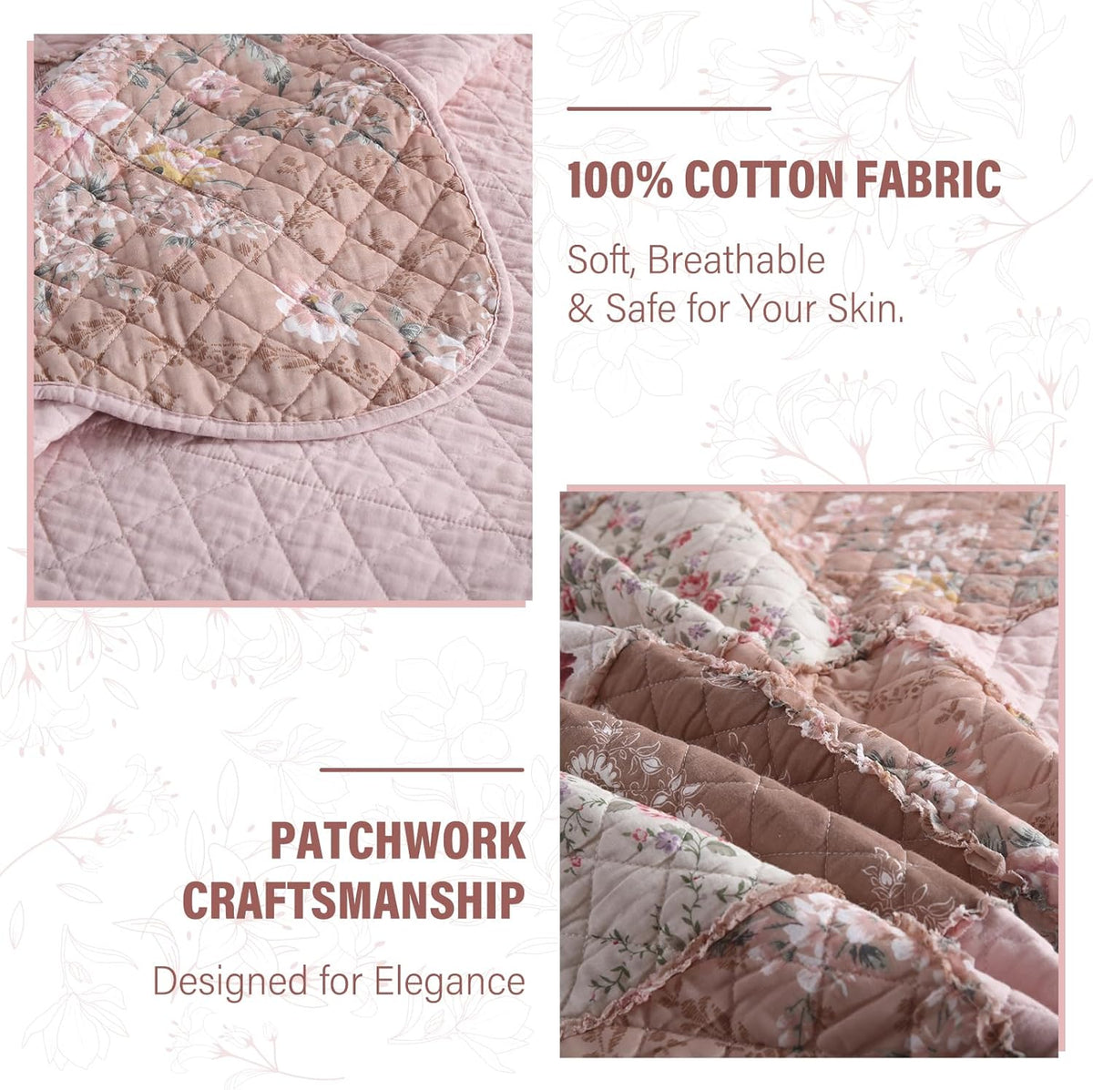 NEWLAKE Quilt Set King Size, Cotton Patchwork Pink Floral Quilt Sets, Real Stitched Embroidery