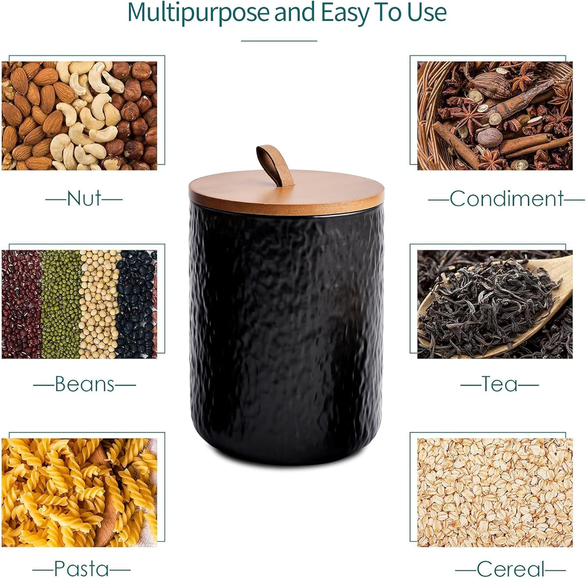 JOJUNO Black Ceramic Canister Set with Wooden Lid, 3-Piece Airtight Food Storage Jars for Kitchen