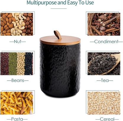 JOJUNO Black Ceramic Canister Set with Wooden Lid, 3-Piece Airtight Food Storage Jars for Kitchen