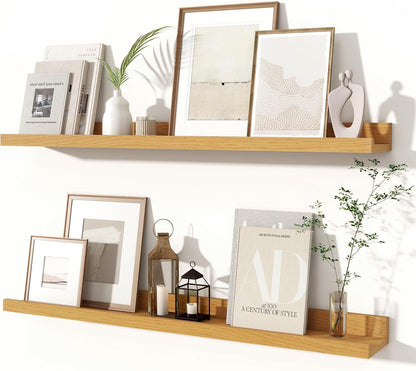 Fun Memories Picture Ledge Shelves Set of 2, 32 Inch Rustic Wall Mounted Floating Shelves with Lip