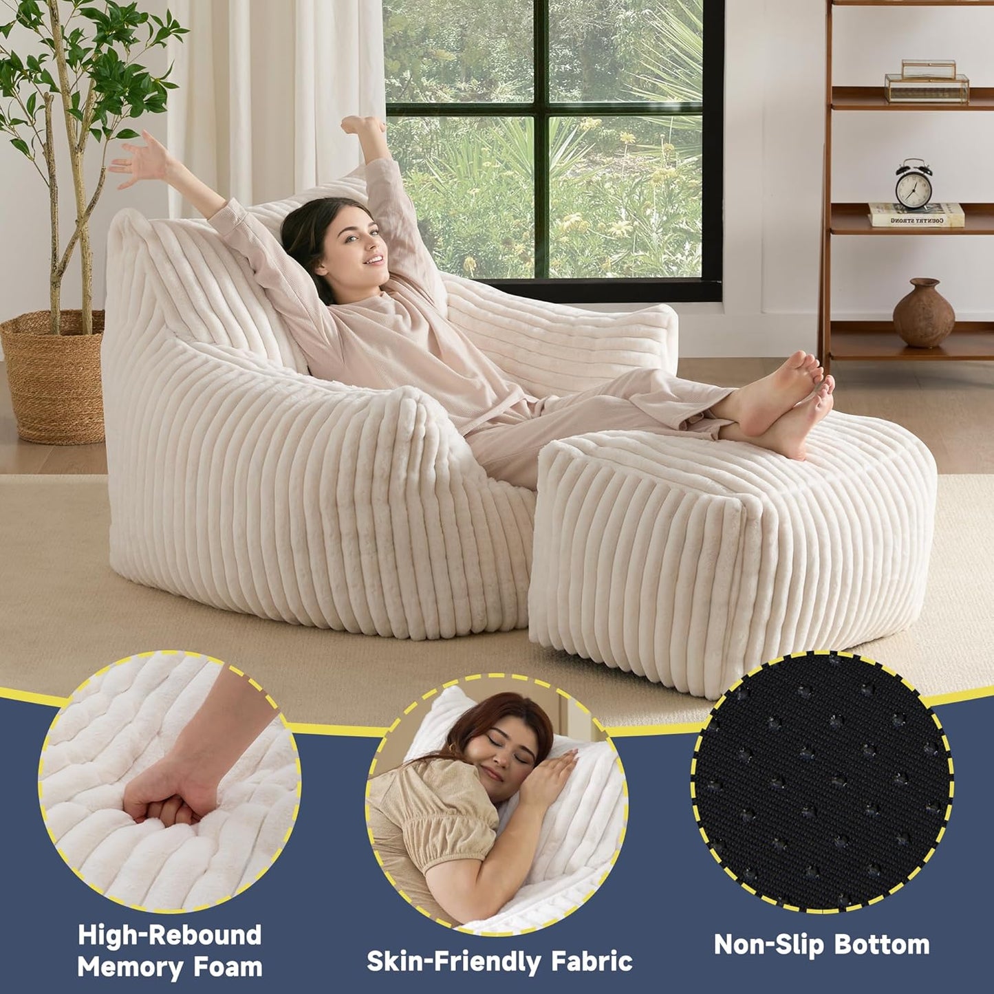 Giant Bean Bag Chairs for Adults, Oversized Chaise Lounge Chair Indoor with Memory Foam - Plush