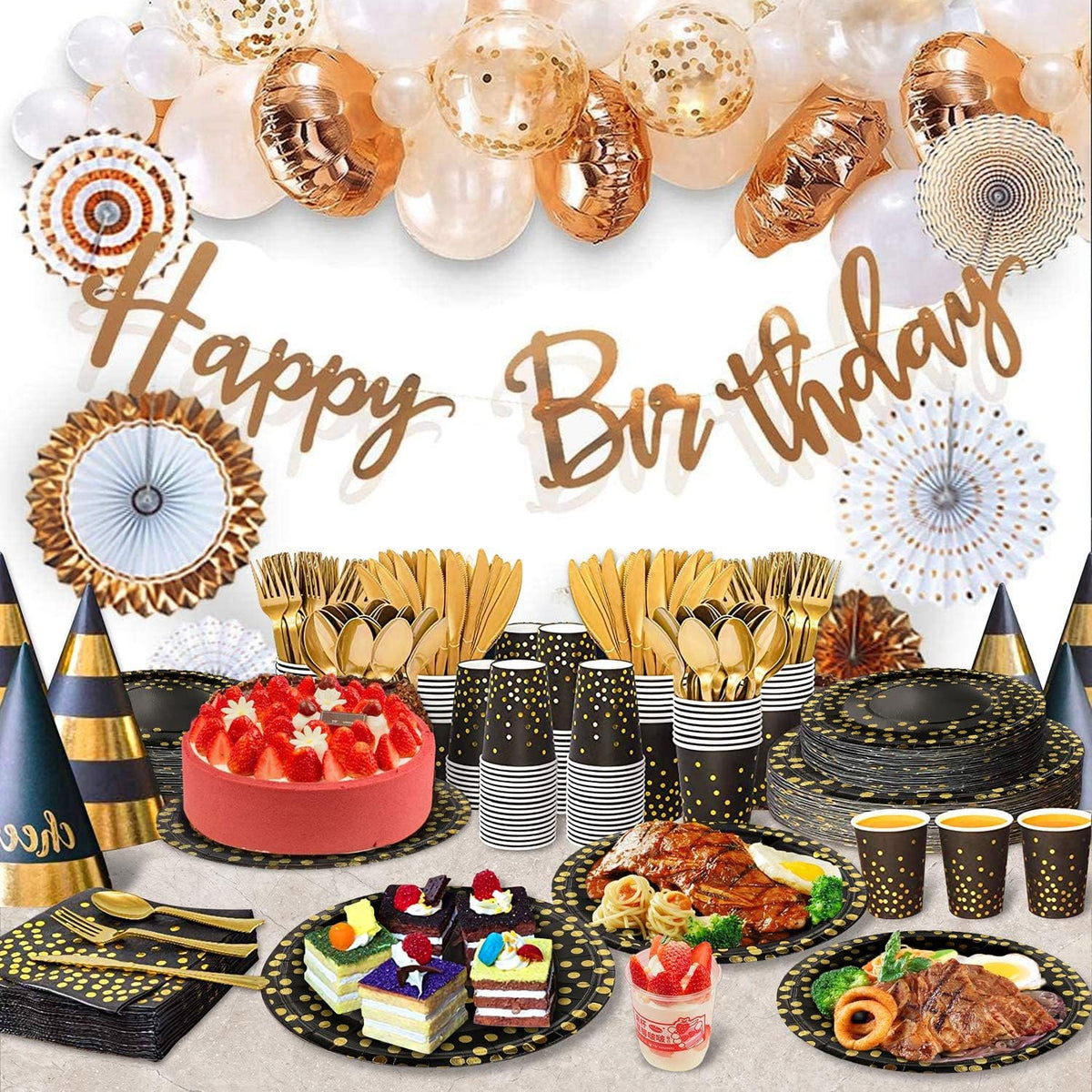 AIRE 175PCS Black and Gold Paper Plates Party Supplies for 25 Guests Disposable Party Decorations