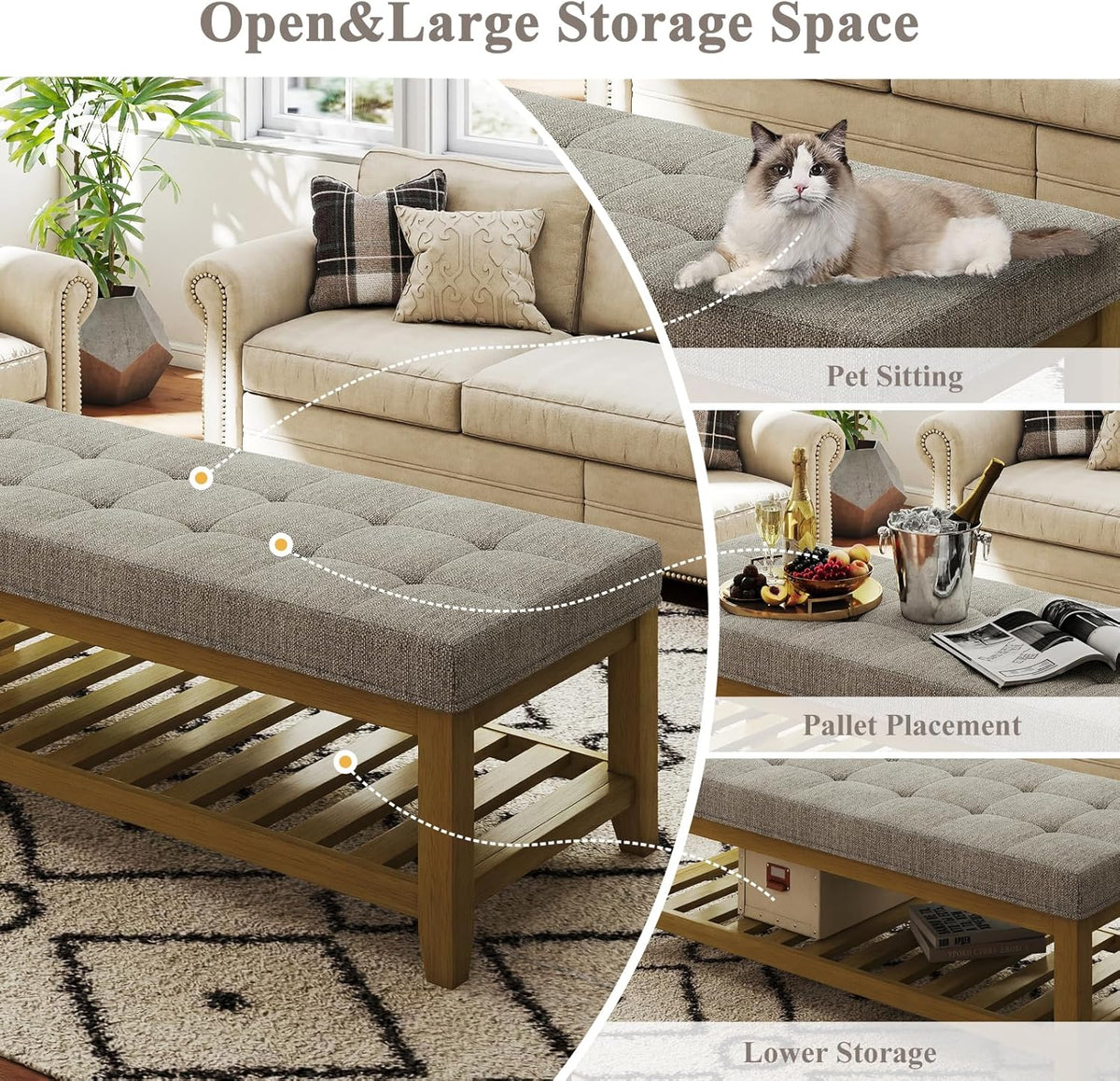 Large Rectangular Upholstered Ottoman Bench, Linen Tufted Footrest Ottoman with Solid Wood Shelf