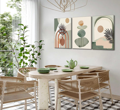 3 Pcs Mid Century Modern Boho Abstract Canvas Wall Art Neutral Green Bohemia Sun and Plant Pictures