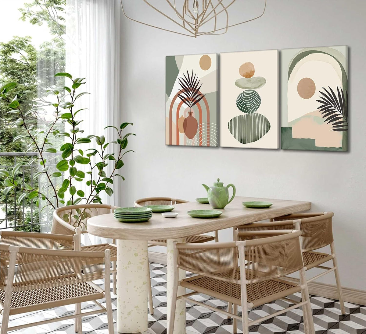 3 Pcs Mid Century Modern Boho Abstract Canvas Wall Art Neutral Green Bohemia Sun and Plant Pictures