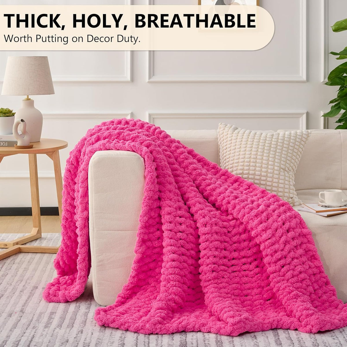 L'AGRATY Chunky Knit Blanket Throw: 50''x60'' Chenille Chunky Knitted Throw Blanket for Bed Couch
